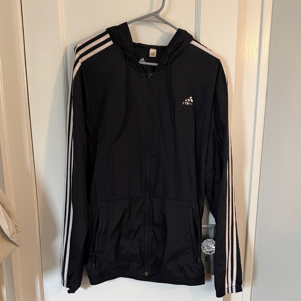 Adidas Black Light Jacket with Hood - White Stripes on Sleeves